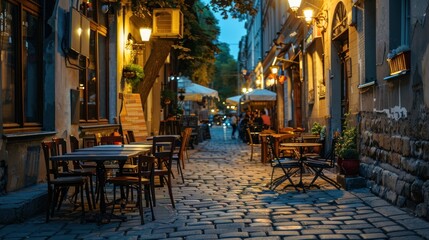 tables and chairs of a street restaurant in evening