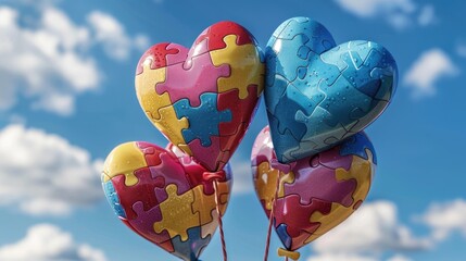 Celebrate World Autism Awareness Day with a powerful healthcare concept that focuses on raising awareness Imagine puzzle hearts set against a backdrop of a serene blue sky