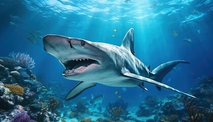 Great White Shark in the ocean, portrait of White shark hunting prey in the underwater