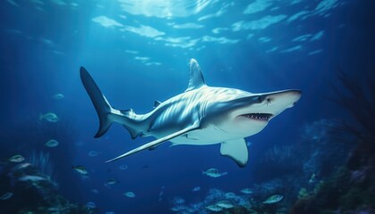 The great White Shark in the ocean, portrait of White shark hunting prey in the underwater