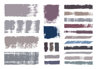 Multicolored watercolor brush strokes set. Rough paint texture brushes bundle. Artistic grunge stroke layout. Hand drawn lines and color block shapes.
