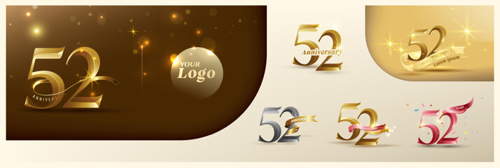 52nd anniversary logotype modern gold number with shiny ribbon. alternative logo number Golden anniversary celebration