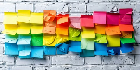 Rainbow Post It Notes on White Brick Wall. Generative AI