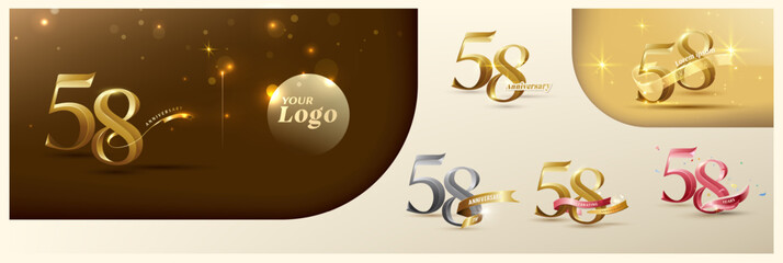 58th anniversary logotype modern gold number with shiny ribbon. alternative logo number Golden anniversary celebration