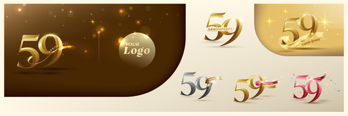 59th anniversary logotype modern gold number with shiny ribbon. alternative logo number Golden anniversary celebration