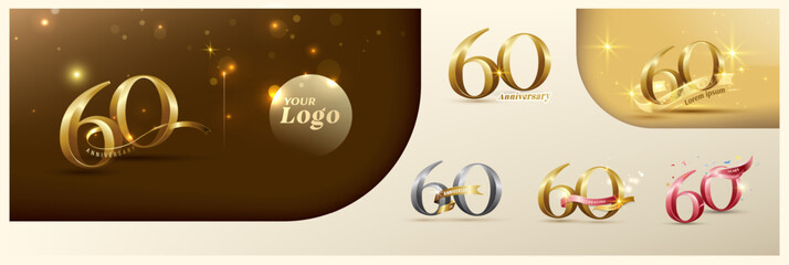 60th anniversary logotype modern gold number with shiny ribbon. alternative logo number Golden anniversary celebration