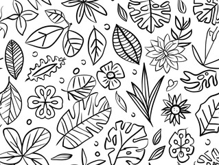 Fototapeta premium A black and white drawing of various leaves and flowers. Doodle and cartoon style. 