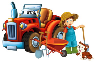 cartoon scene young boy near wheelbarrow and tractor car for different tasks farm animal cat playing farming tools illustration for children