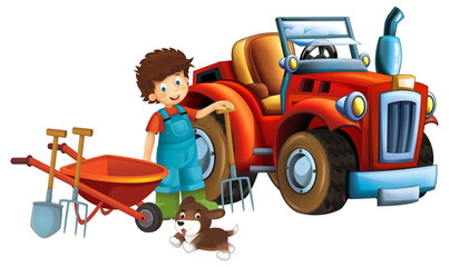 cartoon scene young boy near wheelbarrow and tractor car for different tasks farm animal dog playing farming tools illustration for children