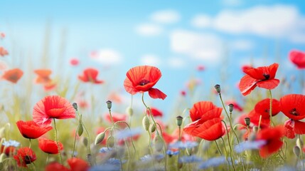 Beautiful closeup of poppies poppy Papaver rhoeas flowers in nature. Natural spring summer landscape with red poppies
