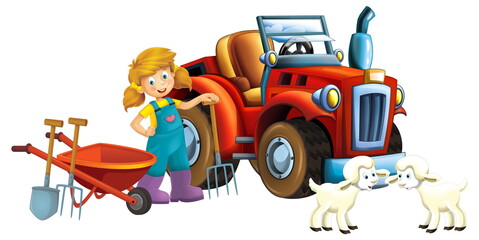 cartoon scene young girl near wheelbarrow and tractor car for different tasks farm animal sheep playing farming tools illustration for children