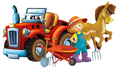 cartoon scene young girl near wheelbarrow and tractor car for different tasks farm animal horse pony stallion playing farming tools illustration for children