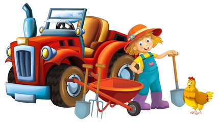 cartoon scene young girl near wheelbarrow and tractor car for different tasks farm animal hen bird playing farming tools illustration for children