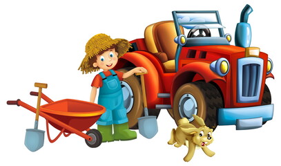 cartoon scene young boy near wheelbarrow and tractor car for different tasks farm animal rubbit bunny playing farming tools illustration for children
