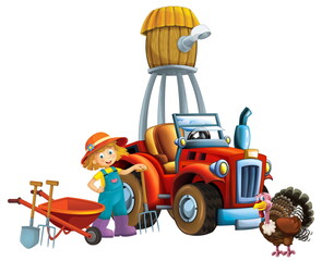 cartoon scene young girl near wheelbarrow and tractor car for different tasks farm animal turkey bird playing farming tools water silo illustration for children