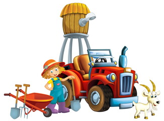 cartoon scene young girl near wheelbarrow and tractor car for different tasks farm animal goat playing farming tools water silo illustration for children
