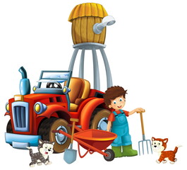 cartoon scene young boy near wheelbarrow and tractor car for different tasks farm animal cat playing farming tools illustration for children