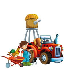 cartoon scene young boy near wheelbarrow and tractor car for different tasks farm animal rooster playing farming tools illustration for children