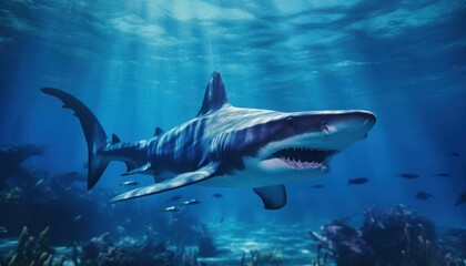 The great White Shark in the ocean, portrait of White shark hunting prey in the underwater