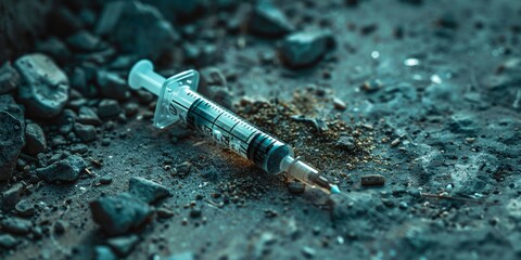 Discarded Syringe Among Rocks. Generative AI