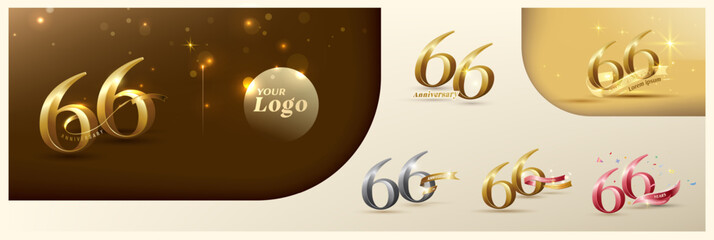 66th anniversary logotype modern gold number with shiny ribbon. alternative logo number Golden anniversary celebration