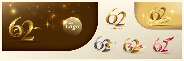 62nd anniversary logotype modern gold number with shiny ribbon. alternative logo number Golden anniversary celebration