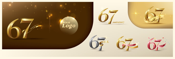 67th anniversary logotype modern gold number with shiny ribbon. alternative logo number Golden anniversary celebration
