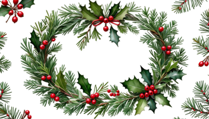 holly spruce mistletoe decoration wreath berries christmas chaplet watercolor holiday decor greenery floral jolly evergreen traditional illustration artwork design tradition template winter art