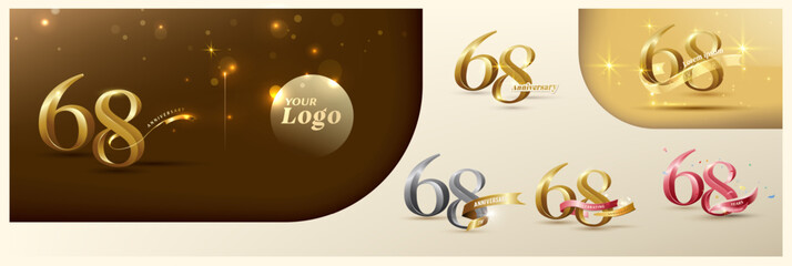 68th anniversary logotype modern gold number with shiny ribbon. alternative logo number Golden anniversary celebration