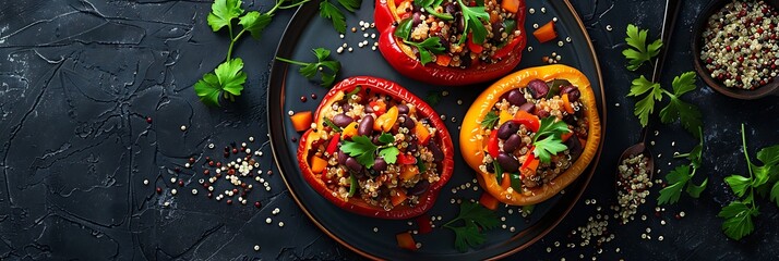 Quinoa stuffed bell peppers with black beans, top view horizontal food banner with copy space