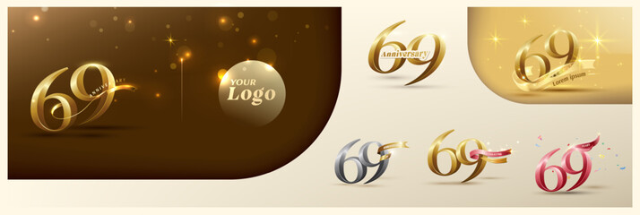 69th anniversary logotype modern gold number with shiny ribbon. alternative logo number Golden anniversary celebration