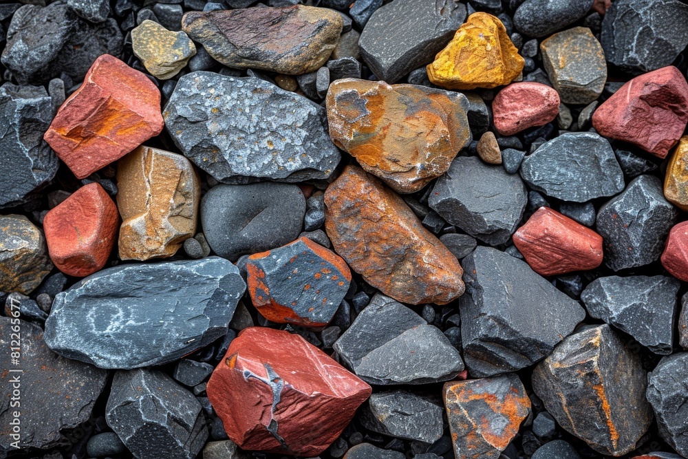 Poster a close-up of multicolored rocks with various shapes, sizes, and textures