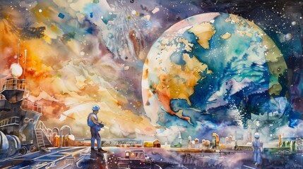 Obraz premium A vivid watercolor illustration depicting workers on a spacecraft with a large, colorful planet in the background