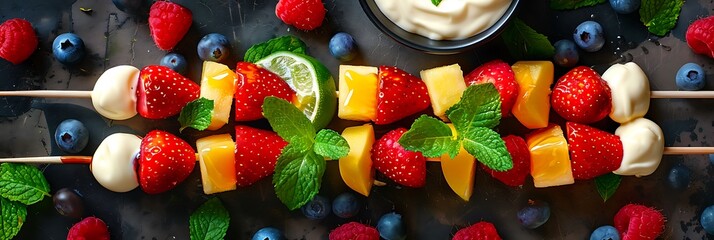 Rainbow fruit skewers with honey lime yogurt dip, top view horizontal food banner with copy space