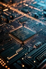 Obraz premium Digital board circuit backdround for technological operations, neural networks, AI, data transmission and encryption, digital archives, audio and visual representations, scientific research