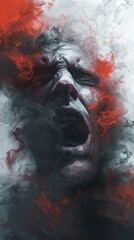 Dramatic artwork showing a blurred face seemingly screaming, engulfed by red and black smoke