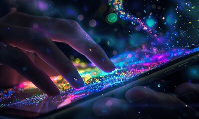 hand touching the screen of an ipad, digital glowing pixels flowing out from it