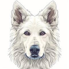 White Swiss Shepherd Dog icon on a white, close up front view portrait in cartoon sketch style