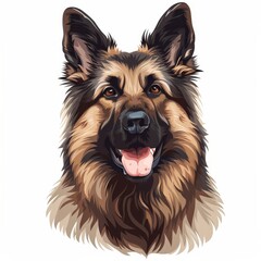 Fluffy shepherd dog face icon, front view portrait, cartoon sketch style on white background