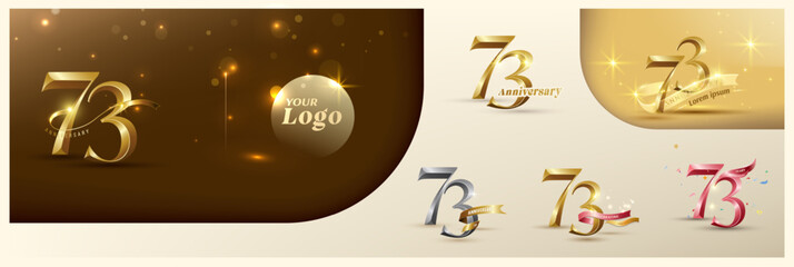 73rd anniversary logotype modern gold number with shiny ribbon. alternative logo number Golden anniversary celebration