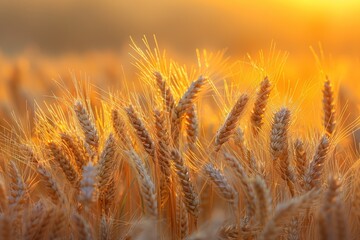 The image features close-up golden wheat ears with the warm light of the sunrise creating a backdrop