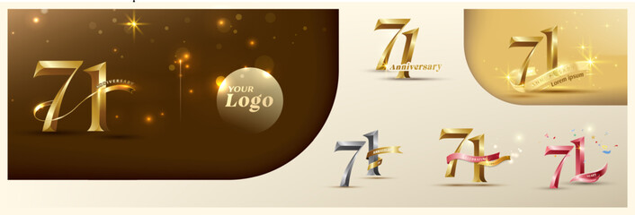 71st anniversary logotype modern gold number with shiny ribbon. alternative logo number Golden anniversary celebration
