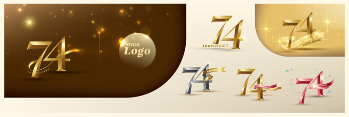 74th anniversary logotype modern gold number with shiny ribbon. alternative logo number Golden anniversary celebration