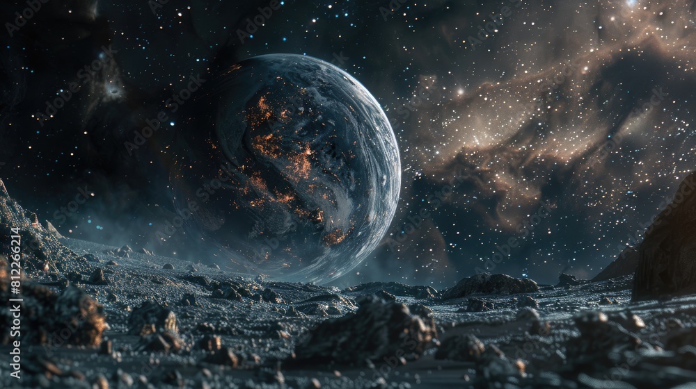 Poster digital art depicting a futuristic planet in space from a scifi perspective