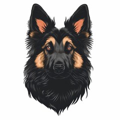 Black Shepherd Dog icon on a white, close up front view portrait, cartoon sketch style