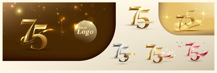 75th anniversary logotype modern gold number with shiny ribbon. alternative logo number Golden anniversary celebration