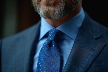 Highly detailed image of a man wearing a blue suit with a dotted tie, focus on textiles