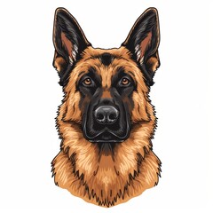 Red Shepherd Dog face icon on a white, close up front view portrait, cartoon sketch style
