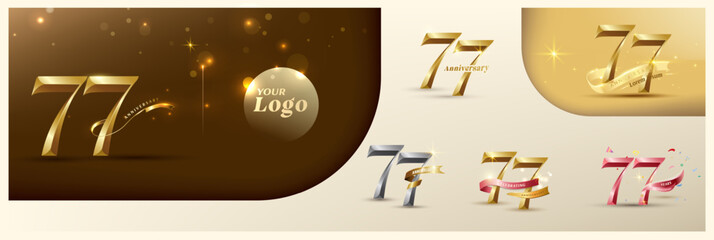 77th anniversary logotype modern gold number with shiny ribbon. alternative logo number Golden anniversary celebration