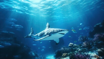 Obraz premium The great White Shark in the ocean, portrait of White shark hunting prey in the underwater